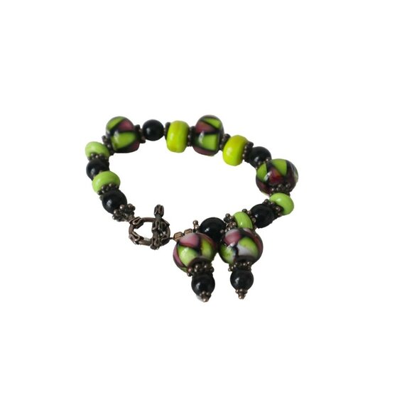 Handmade Lampwork Glass Bead Bracelet Toggle Closure Lime Green Purple - Picture 3 of 6